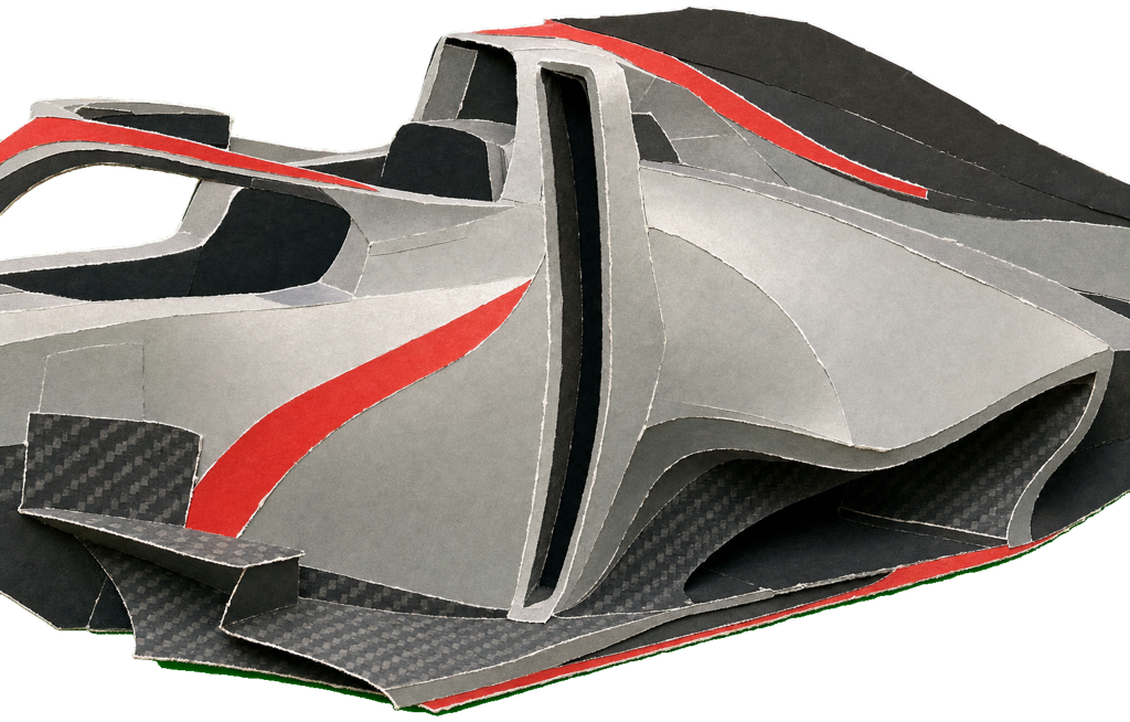 The R26's signature: a tall, near-vertical inverted sidepod inlet feeding a sculpted two-tier flank and deep pelican undercut.