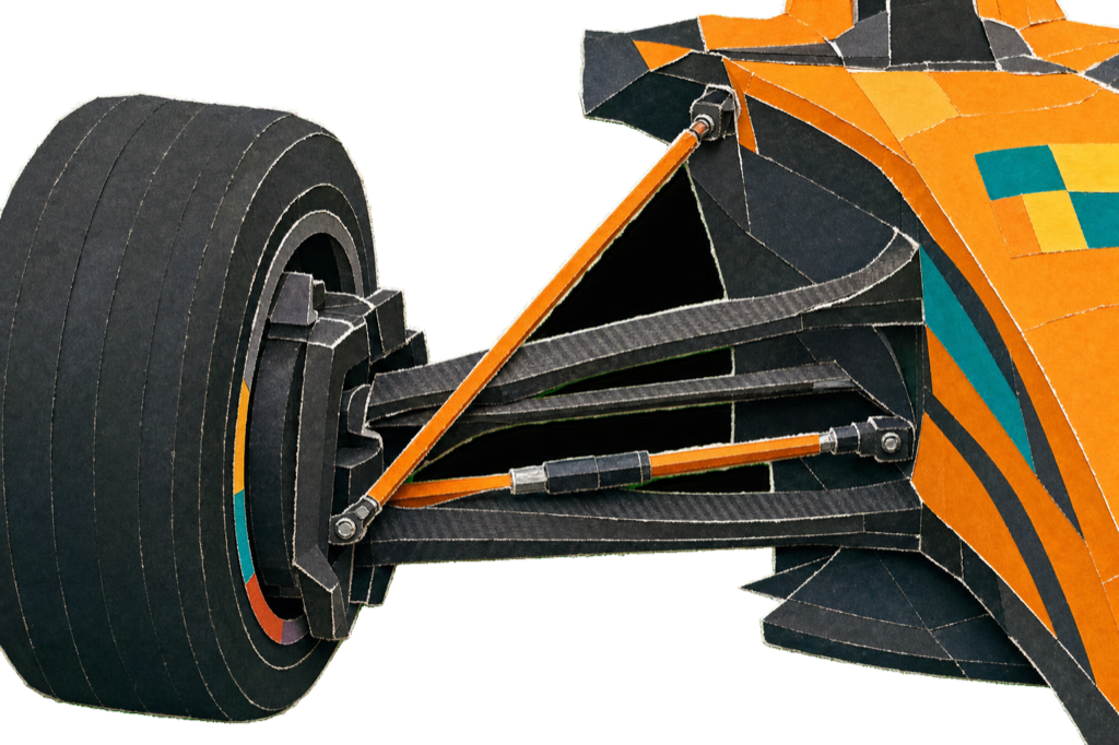 The MCL40's aero-led push-rod front end: steering arm thrown forward, wishbones raked tight around the slim papaya nose.