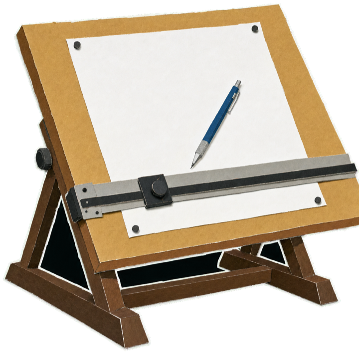a wooden drafting drawing board set at an incline with a long parallel-rule straightedge across it and a single sharpened technical pencil resting on a sheet of white draughting paper pinned to the board