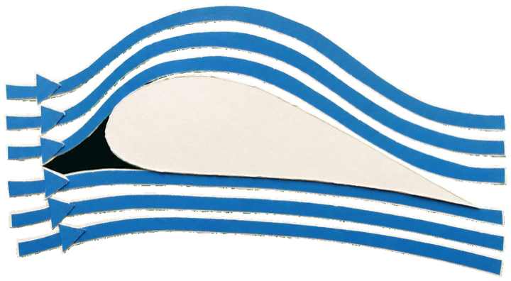 a curved aerofoil wing cross-section in white with flowing airflow streamlines drawn over and under it, aeronautical engineering blueprint style on blue paper