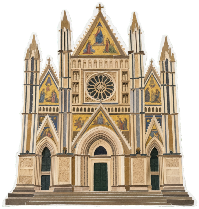 the Duomo di Orvieto, an ornate Gothic cathedral facade with a large gold mosaic and rose window on a hilltop