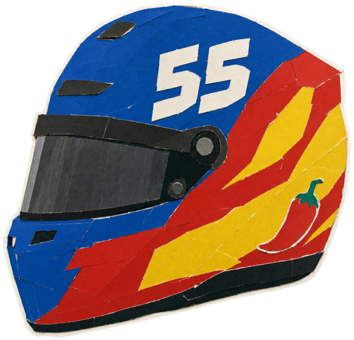 racing helmet, Williams royal-blue crown and top with Spanish-flag red and yellow flowing down the sides, large white number 55 and a small red chili pepper emblem