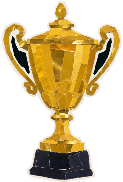 gold Grand Prix winner's trophy, tall ornate cup catching the light, single object on plain ground
