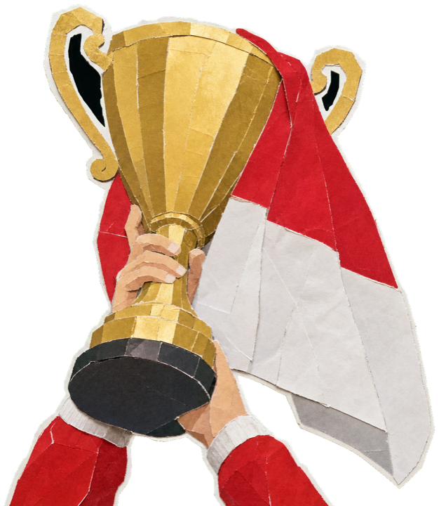 a gold Grand Prix winner's trophy raised in a victory celebration, draped with a red-and-white Monaco flag