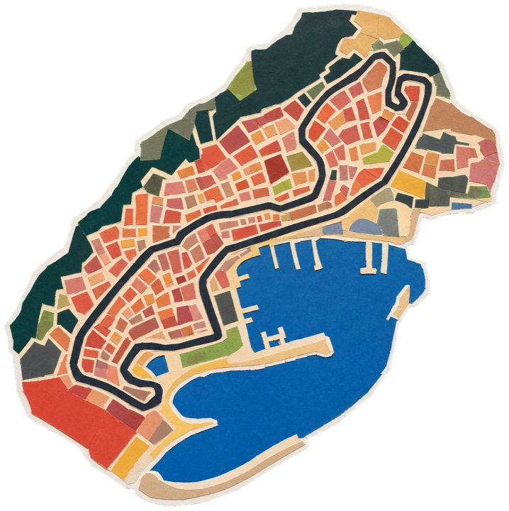 Monaco harbour street-circuit map outline, the tight Monte Carlo town layout hugging the Mediterranean waterfront