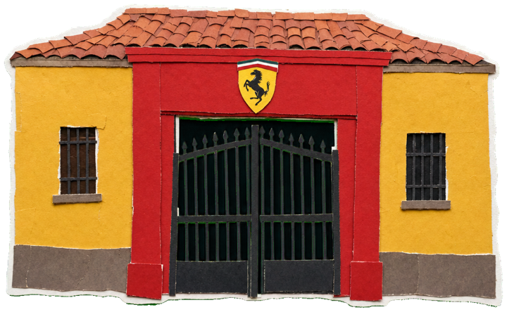 Enzo ran his empire from the Maranello works on Via Abetone Inferiore 4, whose brick-red 'cancello rosso' gate is the factory's iconic entrance — every Ferrari from the 1947 125 S first rolled out through it.