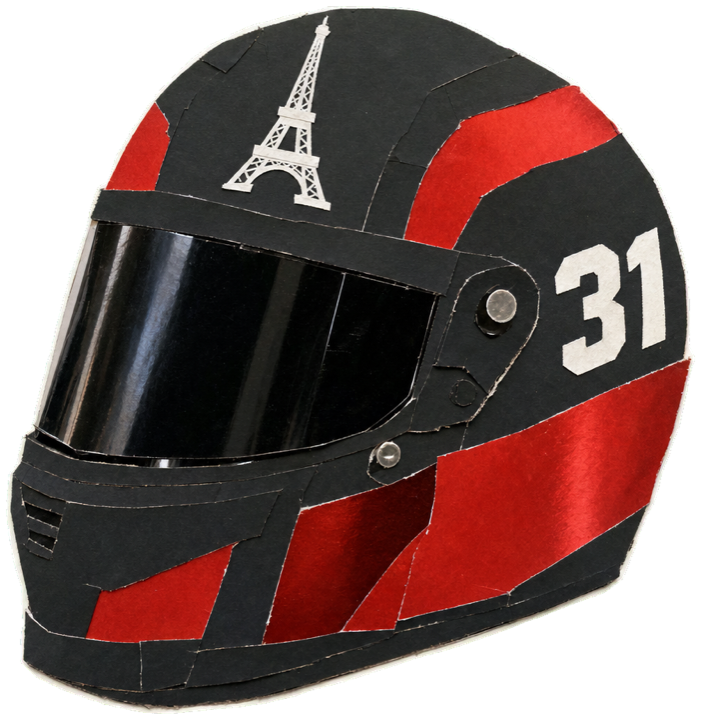 racing helmet, matte black shell with bold metallic red side panels, a small white Eiffel Tower motif on the crown, large white number 31 on the side, glossy black visor