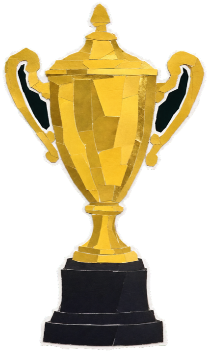 gleaming gold Grand Prix winner's trophy, tall ornate cup with handles on a dark plinth