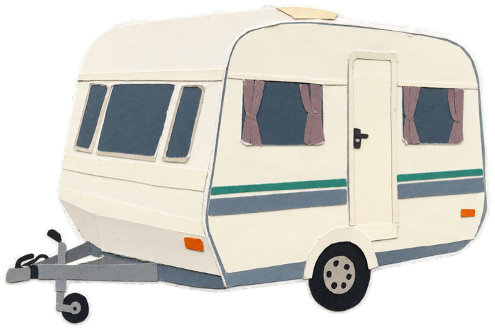 a small white touring caravan, vintage 1990s-2000s style, hitched and ready for the road