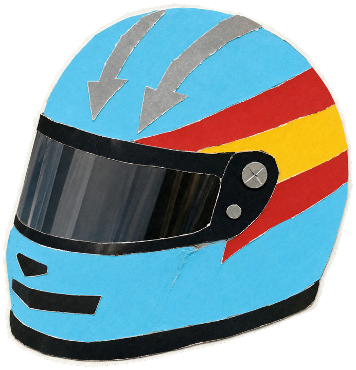 racing helmet, light sky-blue shell with red and yellow Spanish-flag stripes wrapping the sides, two silver arrows on the crown