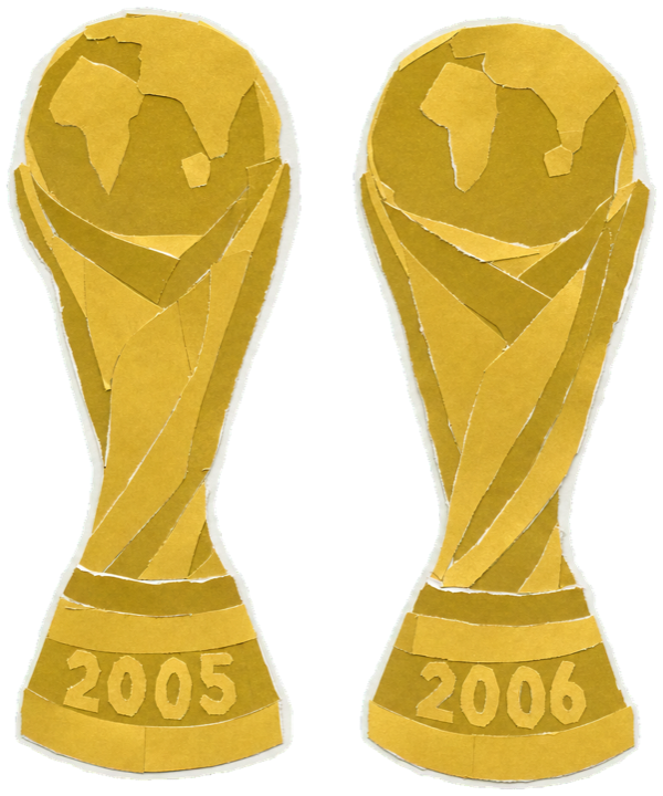 pair of gold Formula 1 World Championship trophies side by side, engraved 2005 and 2006