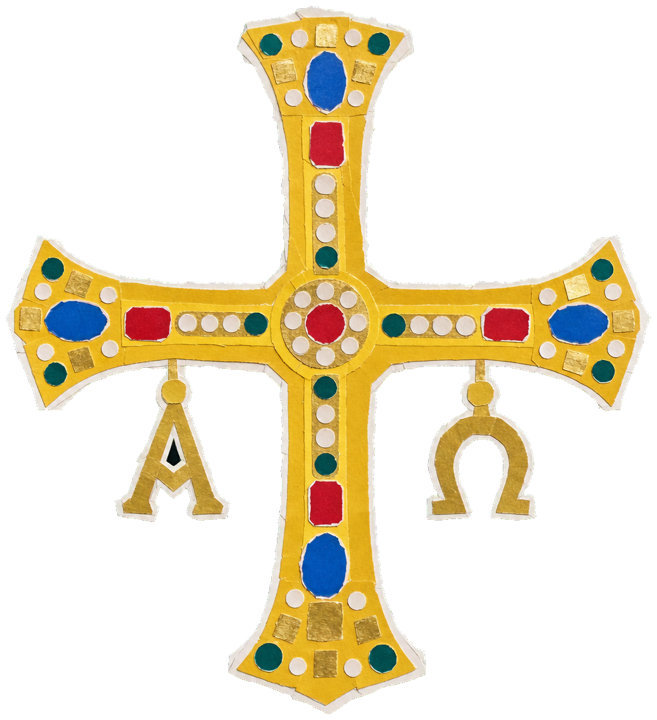 Cruz de la Victoria, the ornate gold Asturian victory cross with jewelled widened arms and hanging alpha and omega letters
