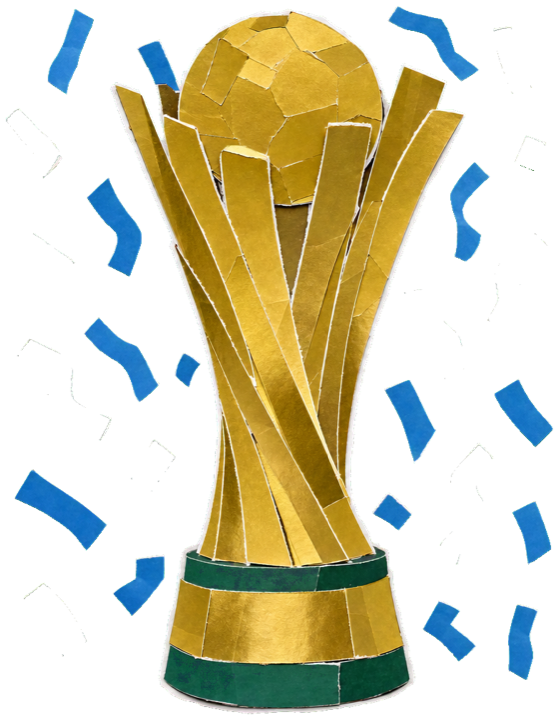 a tall gold Formula 1 world championship trophy with green and blue confetti streamers falling around it