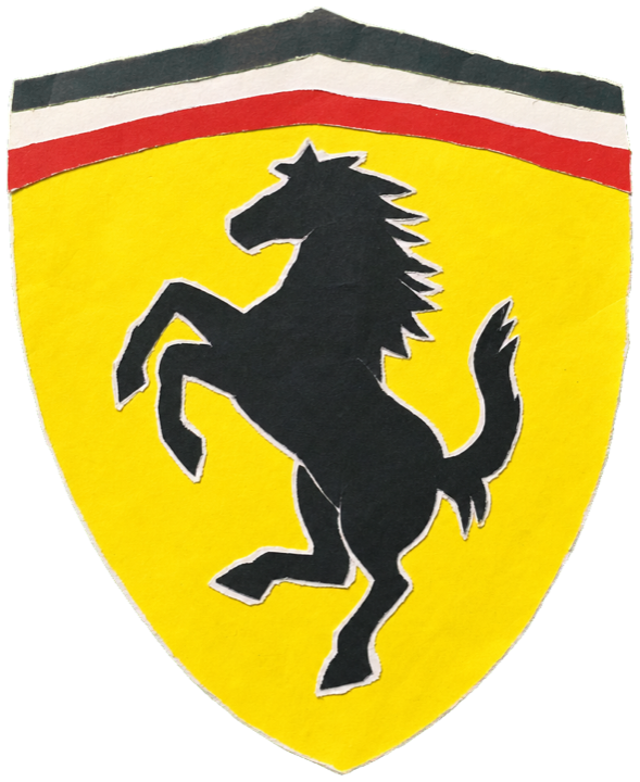 Scuderia Ferrari shield badge, black prancing horse on Giallo Modena yellow shield, green-white-red Italian tricolour stripe across the top, black 'SF' initials at the base