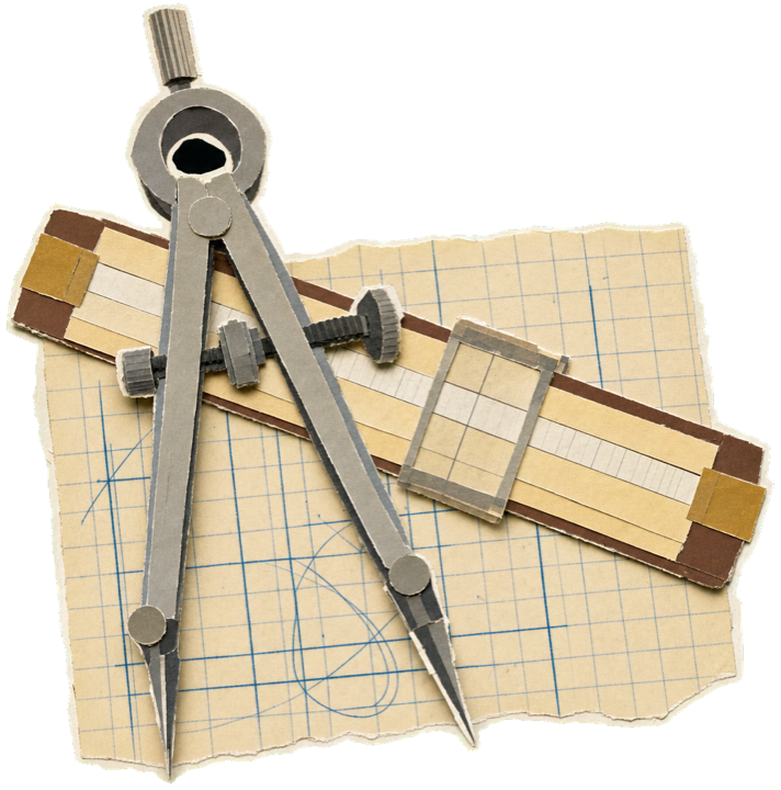 a vintage engineer's drawing instrument set, metal compass and slide rule resting on technical graph paper