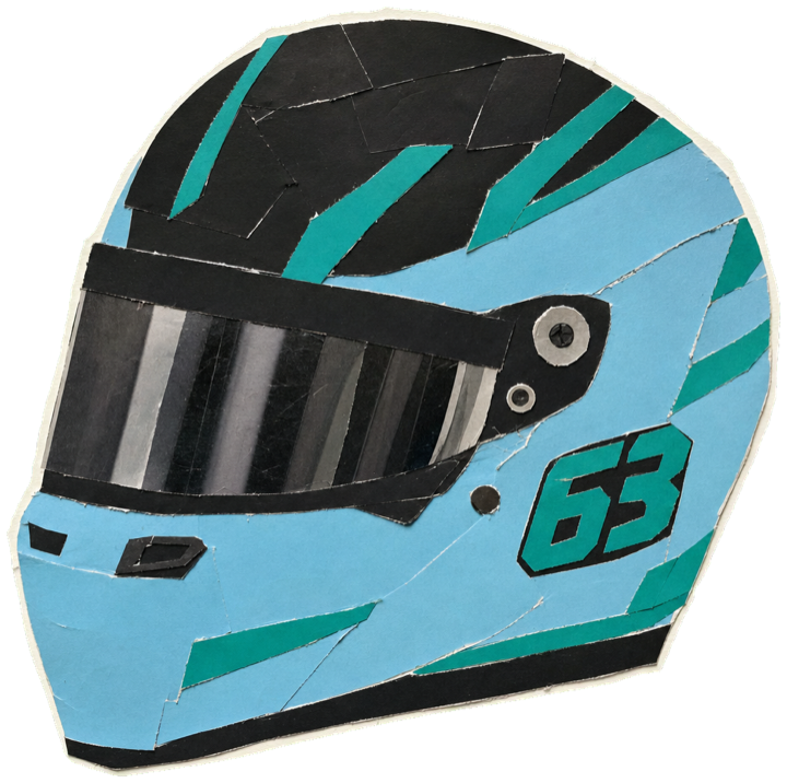 racing helmet, light sky-blue base with glossy black crown and small Petronas-teal accent stripes, number 63 on the side, single clear three-quarter studio view