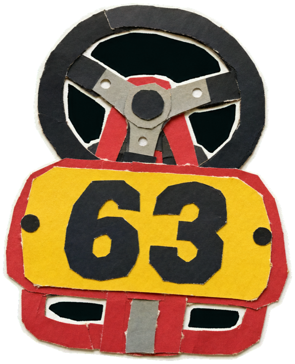 a child's racing kart number plate marked 63 with a small kart steering wheel, vintage karting object, single clear cut-out