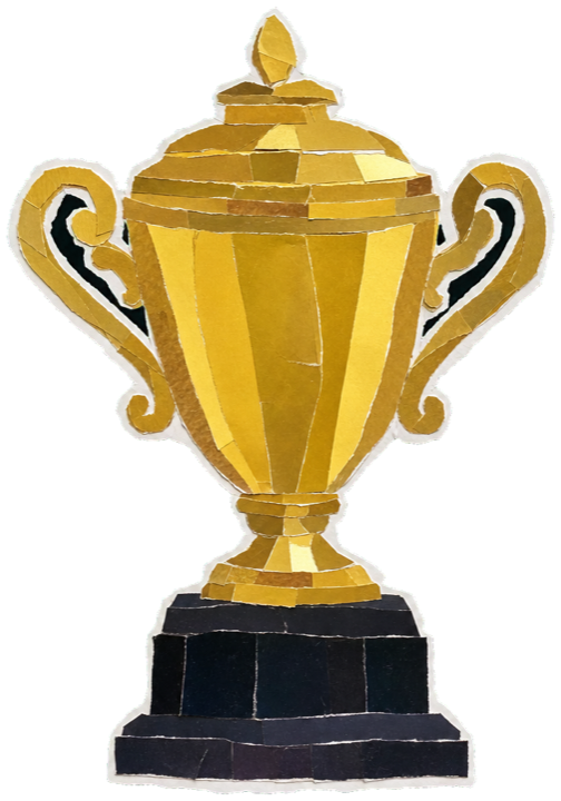 a gold Formula 1 Constructors' Championship trophy, tall ornate cup on a dark plinth, single object