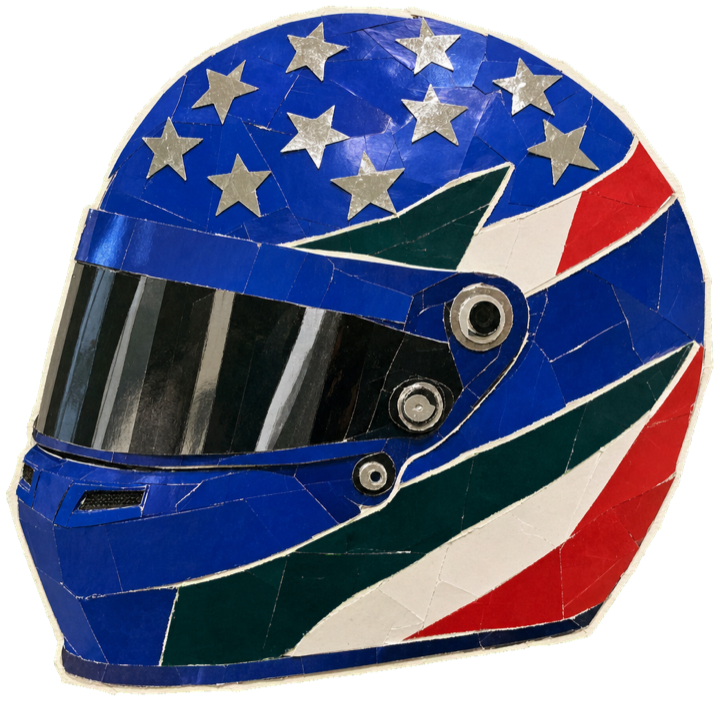 racing helmet, glossy deep blue shell as the dominant colour, accented with Italian-flag stripes in green, white and red, and scattered shimmering silver stars across the crown
