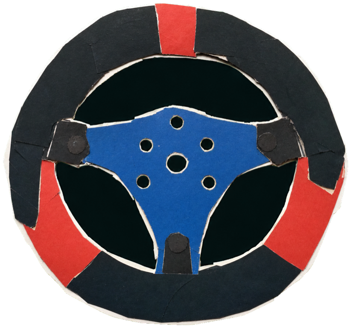 a child's go-kart steering wheel resting on the floor of a karting paddock, no car, evoking grassroots karting beginnings