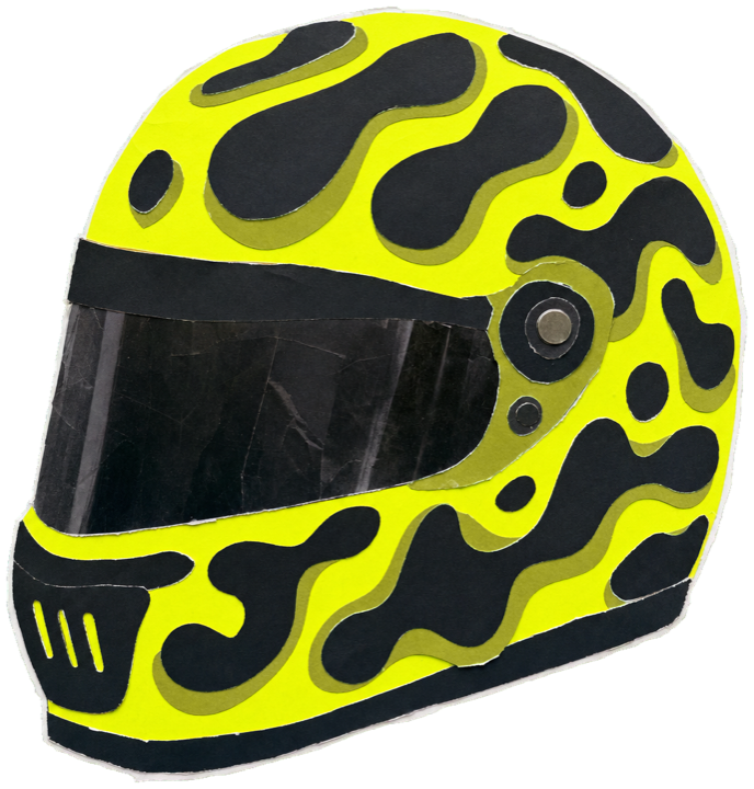 racing helmet, fluorescent neon-yellow base covered in bold organic black ink blobs, lime-green drop-shadow accents, dark visor