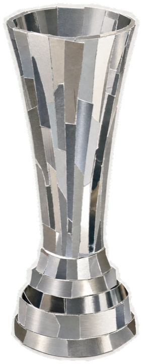 tall slender sterling-silver columnar Grand Prix trophy with a recessed open top, single bright polished trophy