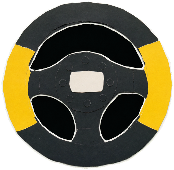 a small kart steering wheel, round black rim with yellow grips and a CIK-FIA karting sticker, single object