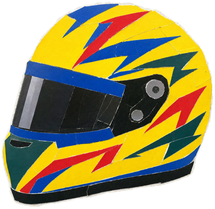 racing helmet, dominant bright yellow shell with red, blue and green accent flashes, single clean cut-out