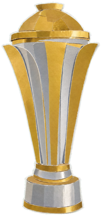 tall gold and silver Formula 1 World Championship trophy, slim tapering urn form with a domed top, single clean cut-out