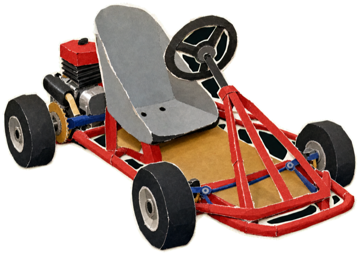 a small child's racing go-kart, bare tubular chassis with single seat and no bodywork, paper-collage cut-out