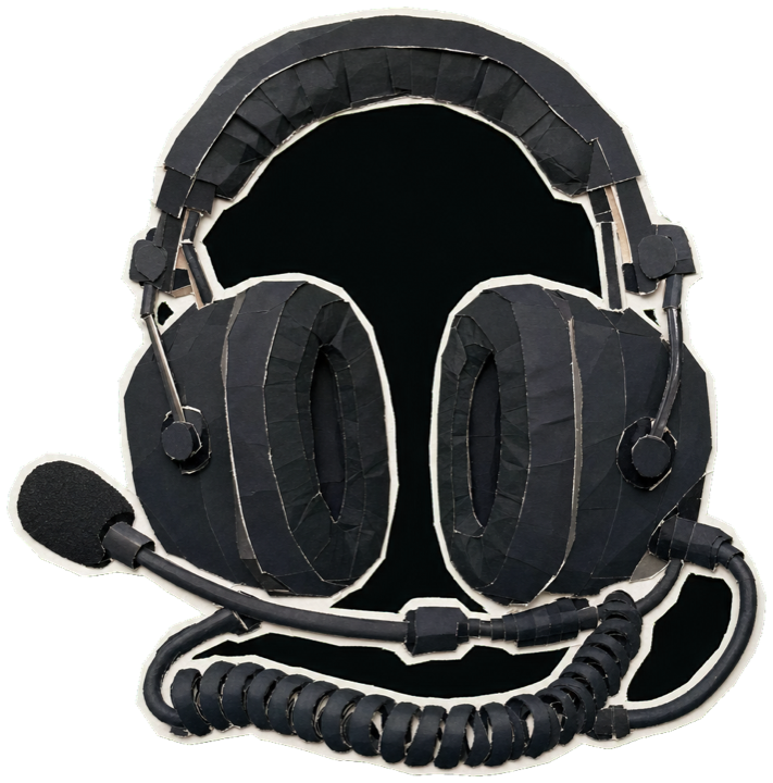 a black F1 pit-wall headset with boom microphone and large padded ear cups, cables coiled, cut-paper collage style, single object on plain ground