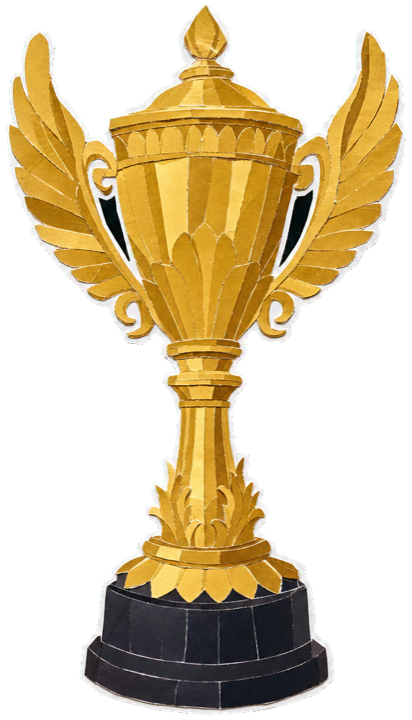 a tall gold Formula One Constructors' Championship trophy, ornate winged cup on a dark base, paper-collage cut-out, single object