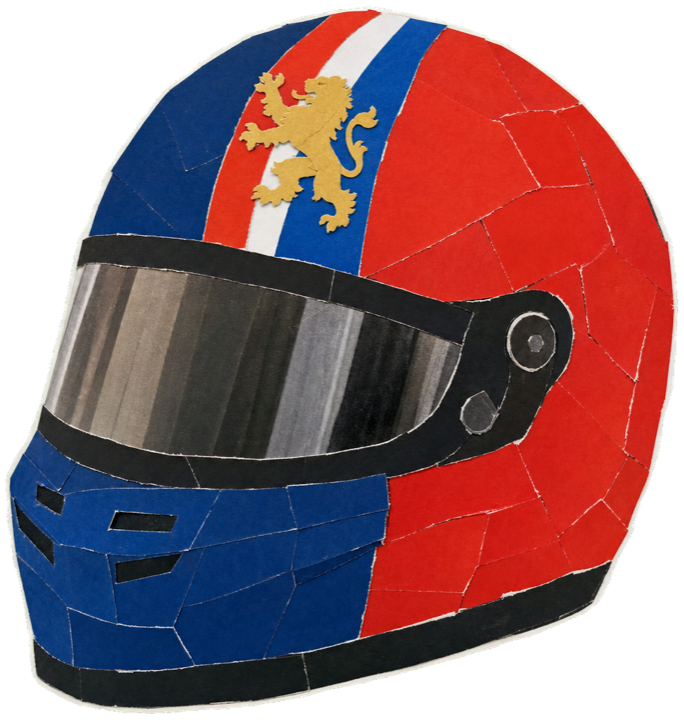 racing helmet split dark blue on one side and red on the other meeting at the back, Dutch-flag red/white/blue stripe, a small gold heraldic Dutch lion emblem on the crown