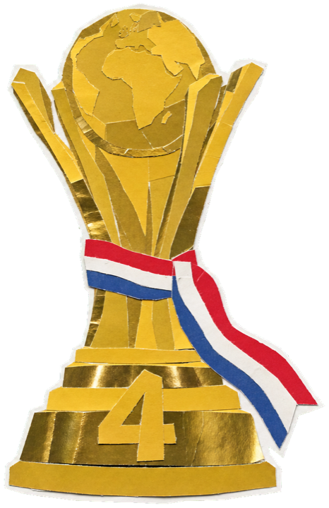 gold Formula 1 world championship trophy with a small red-white-blue Dutch flag ribbon and the number 4