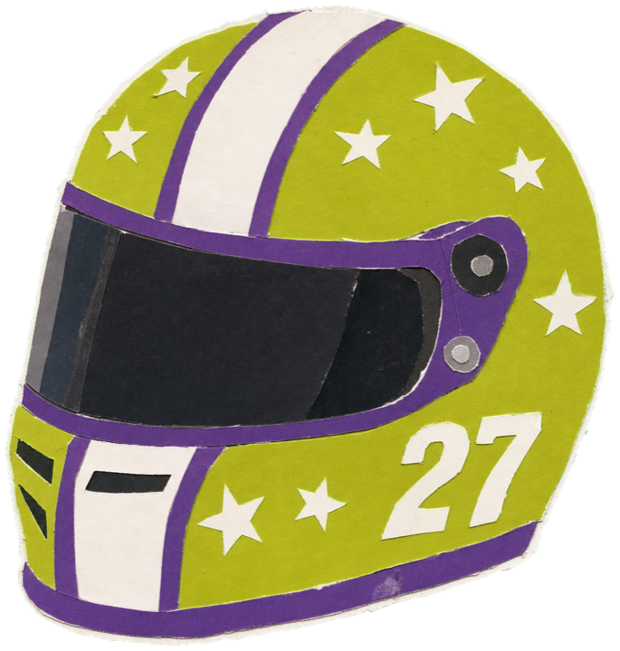 racing helmet, neon lime-green base with a white centre stripe edged by two thin purple lines, scattered small white stars, number 27