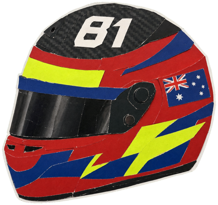 racing helmet, deep red base with blue and neon-yellow accent panels over a black carbon top, a white race number 81 on the crown, small Australian flag on the side