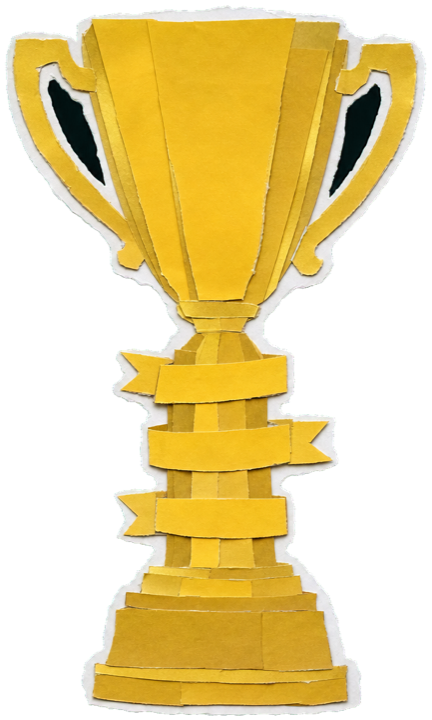 a tall gold motorsport championship trophy with three small banner ribbons reading Renault, F3 and F2