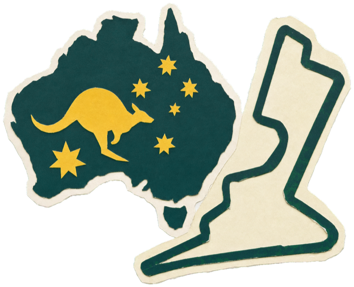 Albert Park street-circuit track map outline beside a green-and-gold Australian motif