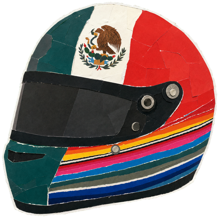 racing helmet, vivid multicolour shell with a bold Mexican-flag tricolour band of green, white and red across the crown, and a colourful woven sarape stripe motif wrapping the lower rear