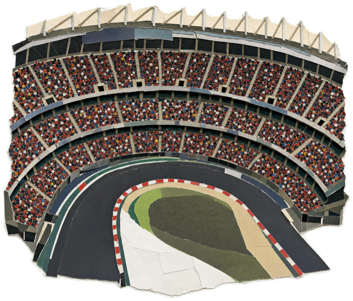 the curved baseball-stadium grandstand bowl of the Foro Sol (now Estadio GNP Seguros) inside the Autodromo Hermanos Rodriguez, packed tiers of seats ringing the track section