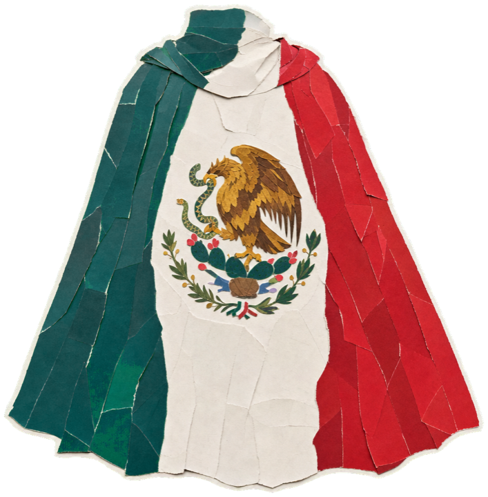 the Mexican flag, green-white-red vertical tricolour with the central golden eagle-and-serpent emblem, draped like a cape