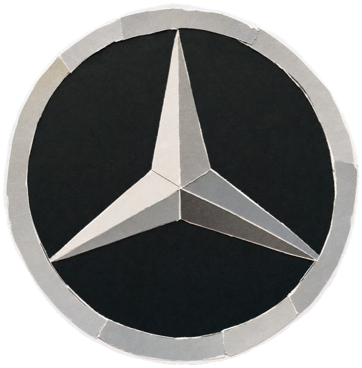 the three-pointed Mercedes-Benz star emblem, polished silver three-spoke star inside a clean silver ring on a deep black ground, single badge cut-out