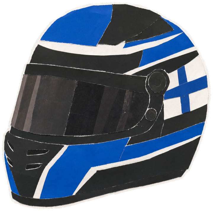 racing helmet, black and bright royal-blue base with crisp white accent stripes and a blue-and-white Finnish-flag motif, sleek matte finish