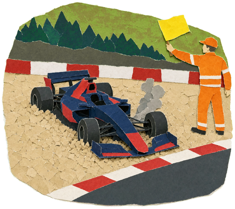A Red Bull Formula 1 car in the gravel with a marshal waving a yellow flag