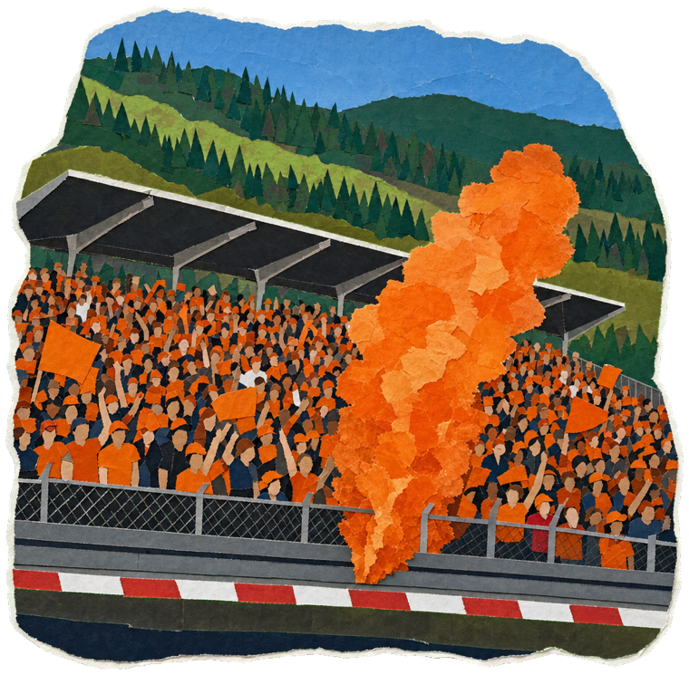 Packed Red Bull Ring grandstand with orange smoke flares and green Styrian hills