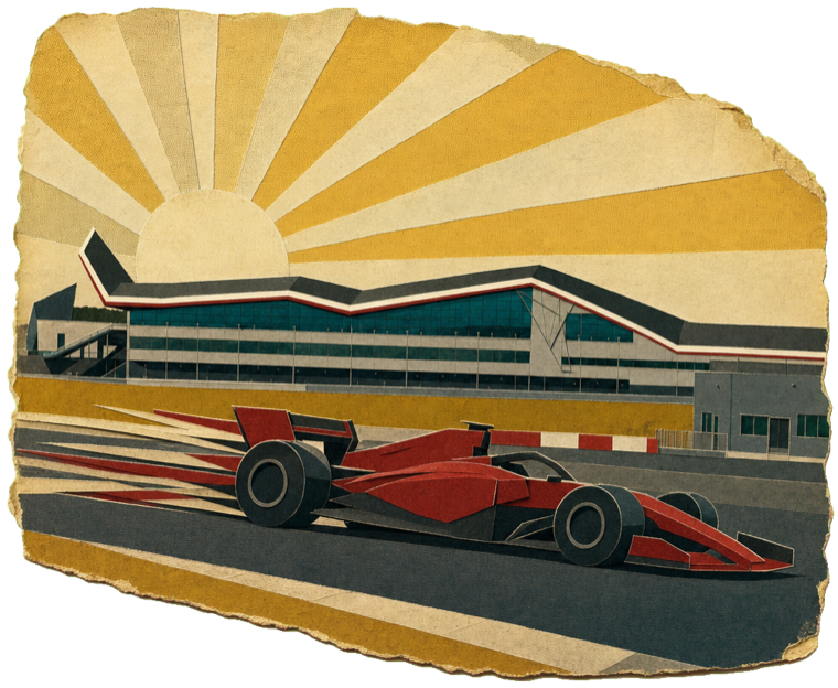 Vintage-poster Ferrari sweeping past the Silverstone Wing