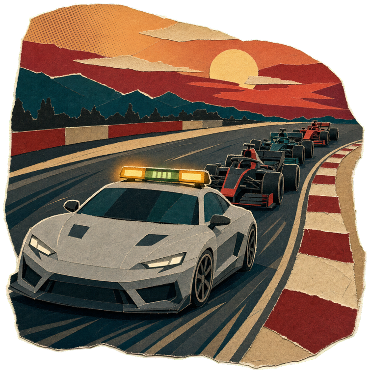 The safety car leading the field in vintage poster style