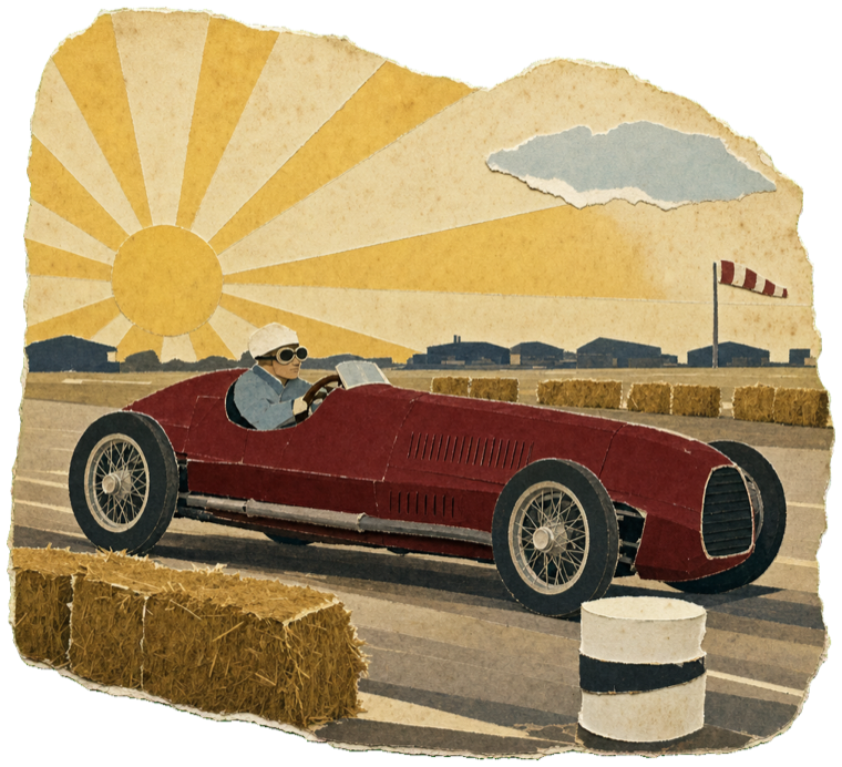 A 1950 front-engined grand prix car, vintage poster style