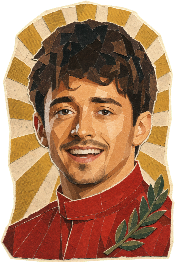 Charles Leclerc celebrating — paper-collage portrait