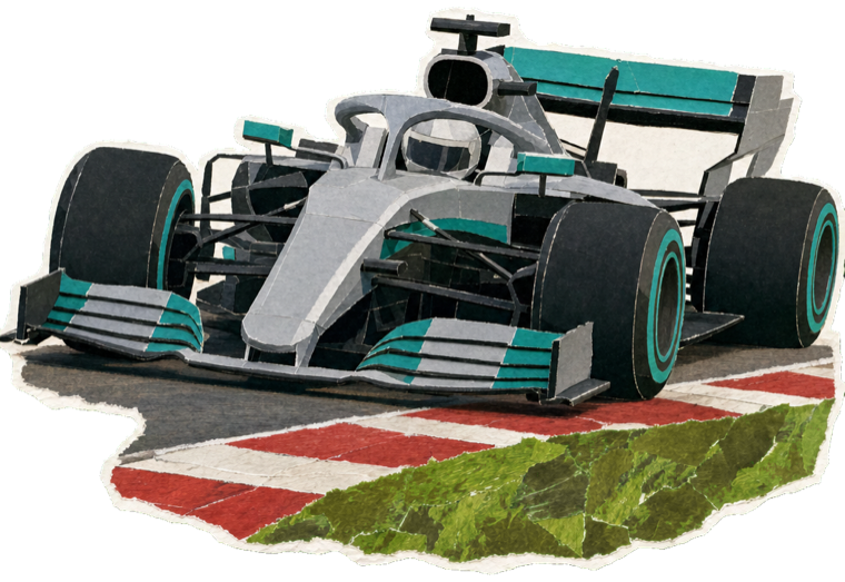 A silver Formula 1 car flat out through a fast Silverstone corner